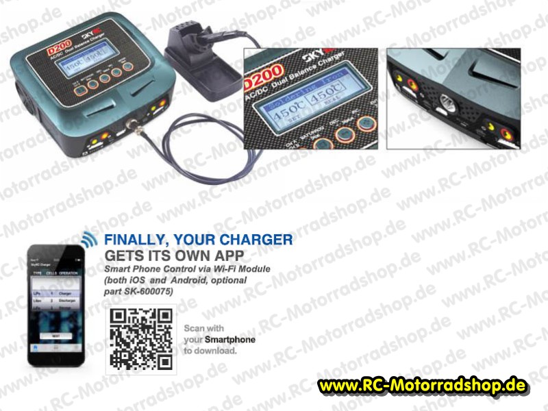 SK100097: Ladegerät SkyRC D200 DUO mit Lötkolben für LiPo / LiFe / LiIon / LiMn / NiCd / NiMH / Pb Akkus SK100097